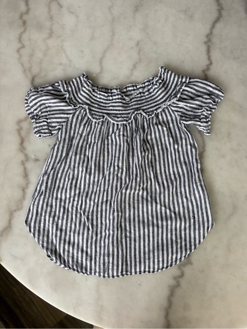 Tommy Hilfiger White and Gray Striped Off The Shoulder Linen Blend Top XS